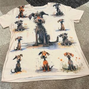 Dog Print Graphic Beige Short Sleeve T-Shirt Crew Neck 100% Polyester Size M